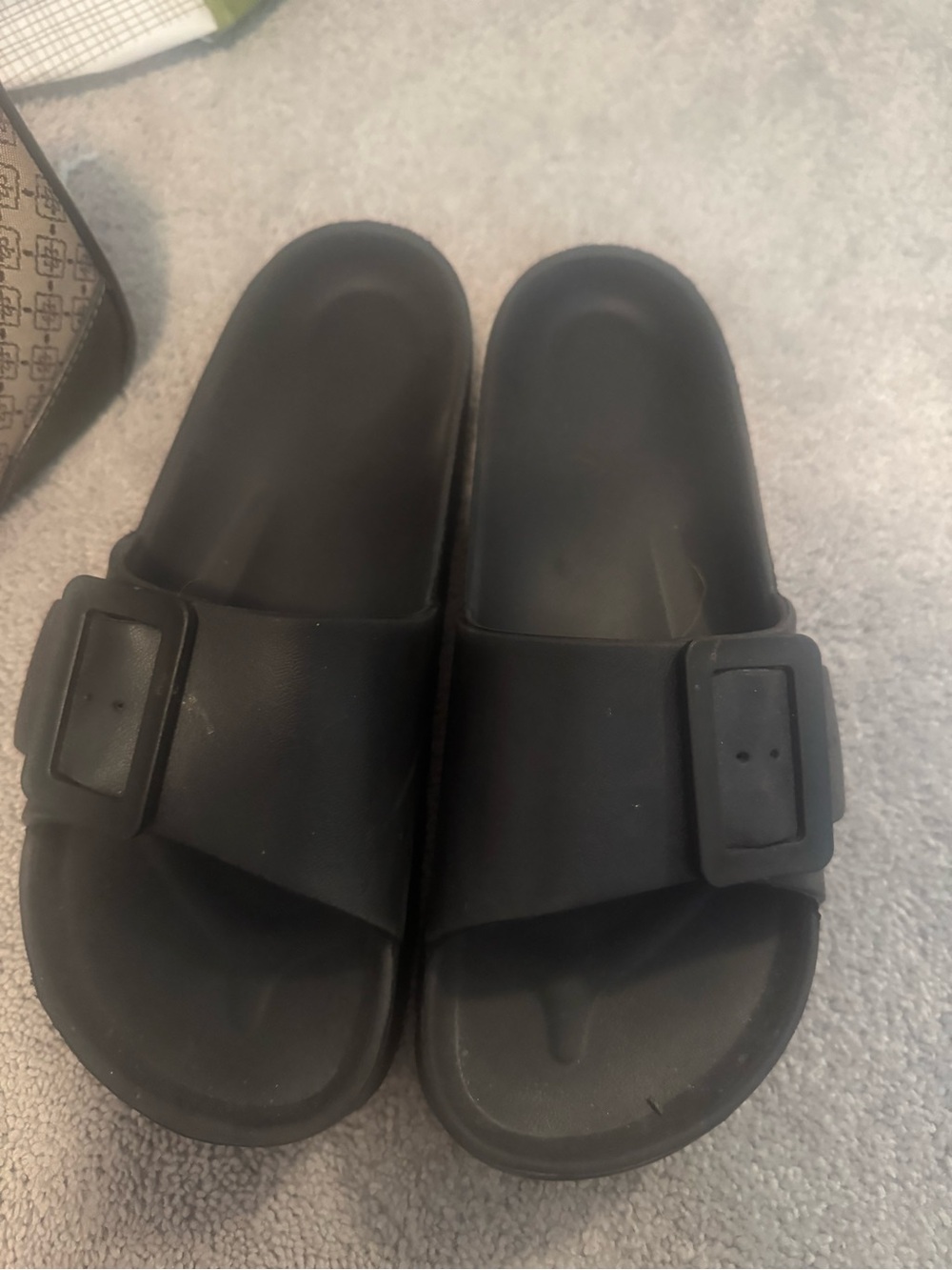 Womens Black Slide Sandals with Adjustable Buckle